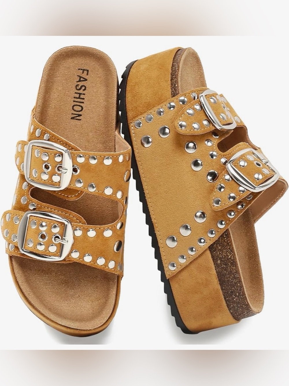 Women’s platform sandals cork footbed studded slides.